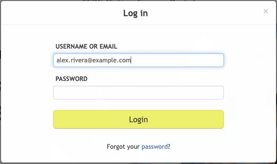 TSRE Learn login dialog with fictional email alex.rivera@example.com, blank password, Login button, and Forgot your password link.