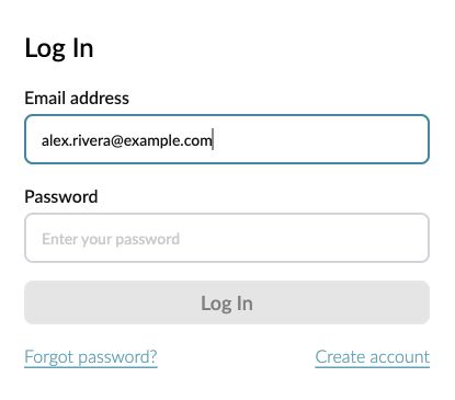 LEAPOnline Log In form with fictional email alex.rivera@example.com, blank password, and Forgot password link.
