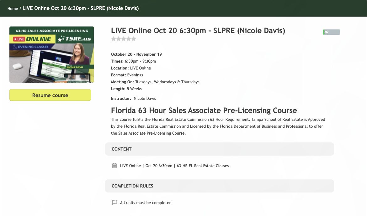 LIVE Online course overview with the class unit listed under Content.