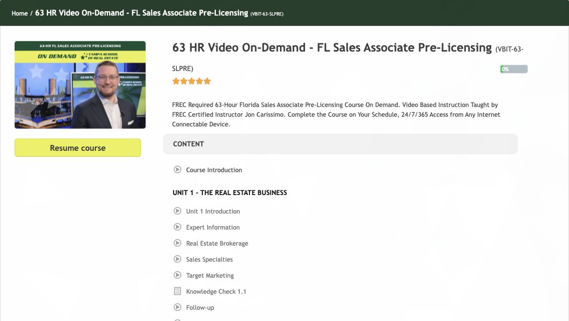 On-demand course overview showing Resume course, the Content list, and course progress.
