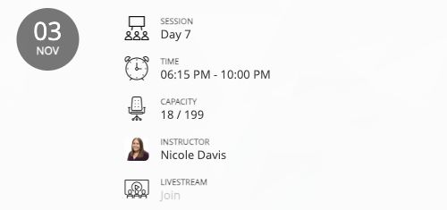 Example LIVE Online session card showing its date, time, instructor, and a gray Join control.